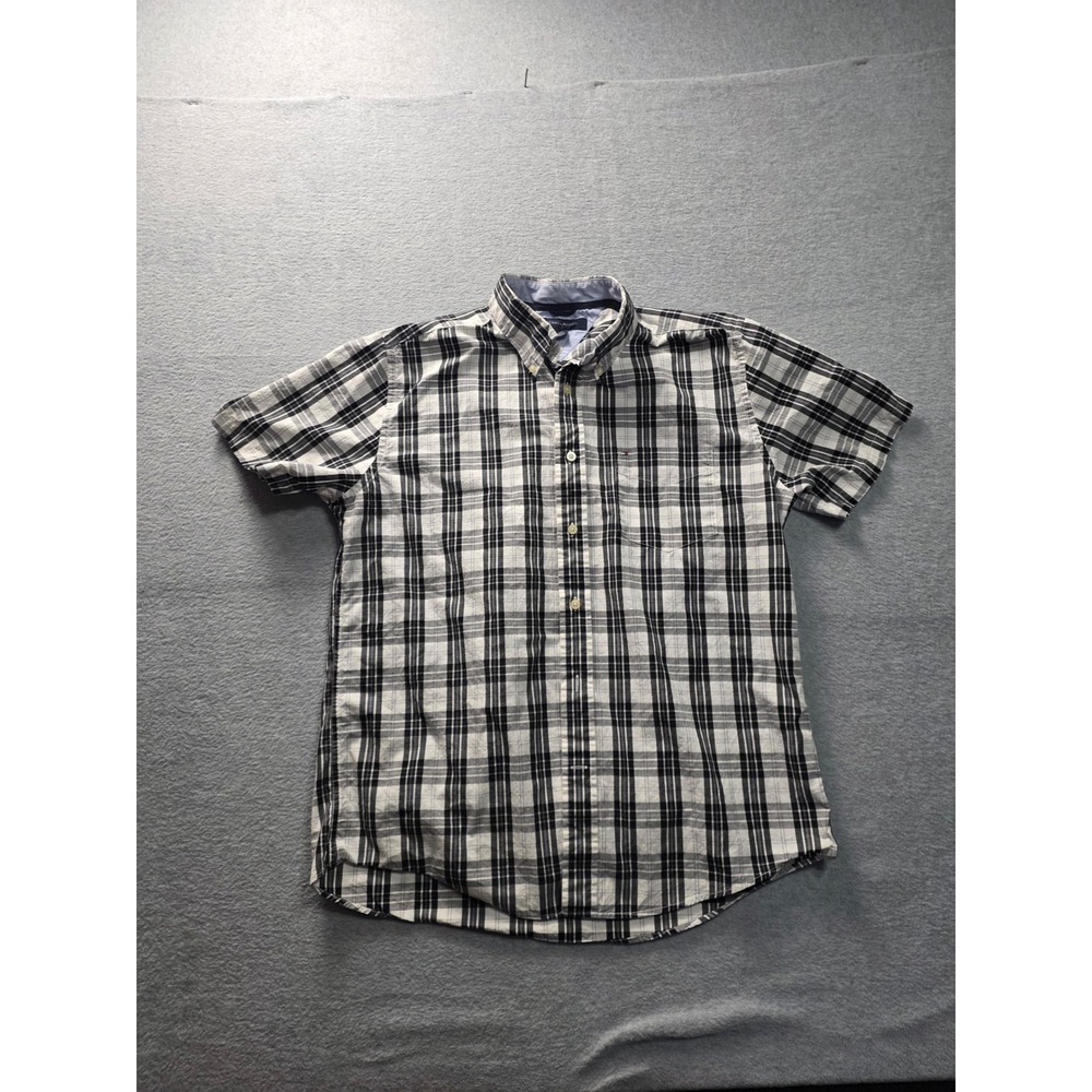 Tommy Hilfiger Mens Black White Plaid Short Sleeve Button Down Shirt Large‎ L